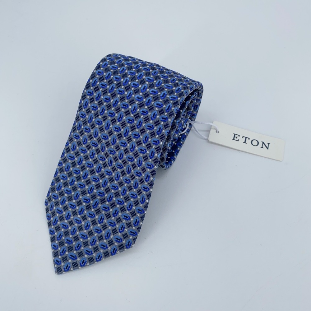 Eton Mens Geometric Pattern Silk Classic Fit Necktie Blue Grey Made in Italy NWT